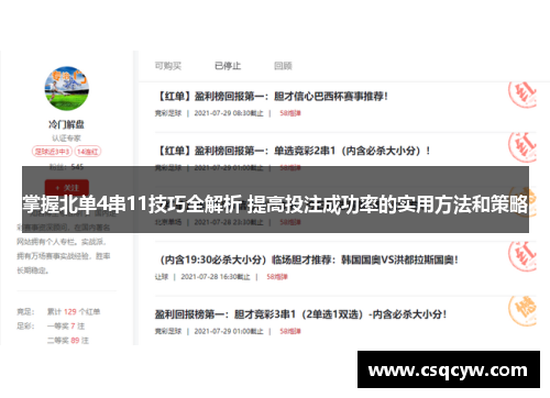 掌握北单4串11技巧全解析 提高投注成功率的实用方法和策略